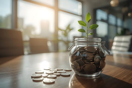 A plant sprouting from a coin jar on an office table, symbolizing financial growth and business success.の素材