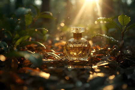 A crystal perfume bottle with golden accents rests on fallen wallapatta leaves in a mystical gyrinops walla forest, symbolizing luxury and rare agarwood fragranceの素材