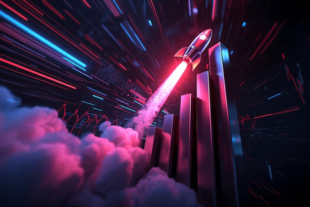 A futuristic 3d rocket launches beside a glowing bar chart, symbolizing rapid business growth and financial success with neon cyberpunk aestheticsの素材
