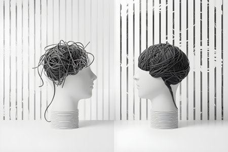 Minimalist surreal artwork of two human heads: one with a tangled yarn brain, the other with an orderly thread brain, designed with black stripes on white.の素材
