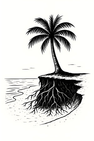 Minimal ink artwork of coastal erosion, with a coconut treeâs root system partly exposed and partly grounded, depicting the struggle of nature against soil loss and climate change.の素材