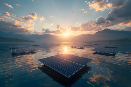 A breathtaking view of solar panels floating on a tranquil lake, mountains rise in the background, symbolizing clean energy and sustainable harmony with nature.の素材