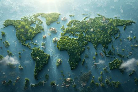 Detailed world map blending forests, windmills, and eco-cities, symbolizing renewable energy and global sustainability in balance with nature.の素材