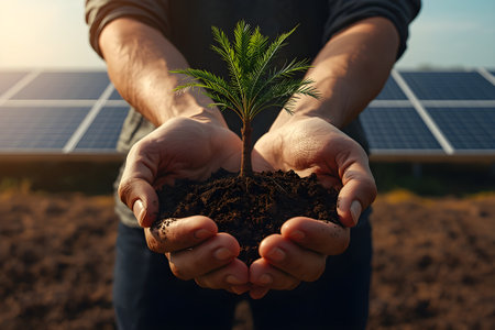 A symbolic scene showing hands gripping a small palm tree with soil roots, solar panels in the background highlighting ecology and sustainability.の素材