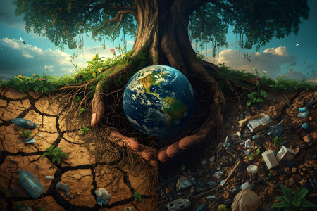 Massive tree roots transform into human hands holding earth, half in lush green soil, half over dry cracked land with plastic, symbolizing balance and sustainability.の素材