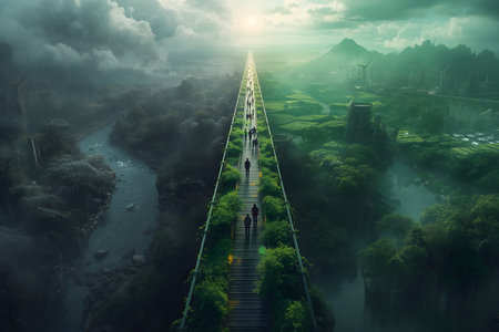 A futuristic bridge links a gray polluted dystopia to a vibrant eco-city, as people walk toward forests, clean rivers, and renewable energy, leaving destruction behind.の素材