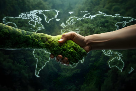 A manâs hand and a green nature hand shake firmly, with a dense forest and glowing white world map in the background, symbolizing unity for global sustainability.の素材