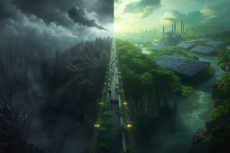 Cinematic vision of humanityâs journey across a green bridge, moving from pollution and dead trees toward forests, solar farms, and a hopeful sustainable tomorrow.の素材