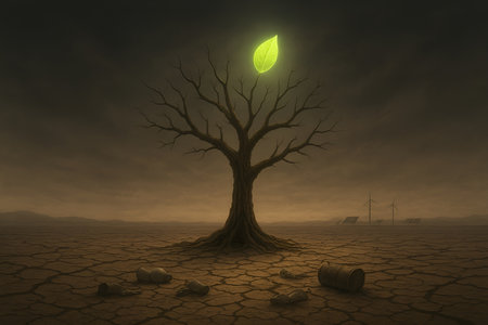 A lifeless tree in a cracked desert with one glowing green leaf, symbolizing fragile hope, surrounded by waste while distant clean energy shines faintly in the horizonの素材