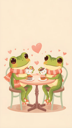 Cute pastel frogs drinking tea in cozy cafÃ©の素材