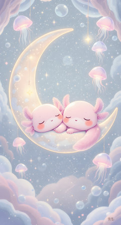 Pastel axolotls sleeping on glowing crescent moonsの素材