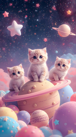 Adorable pastel galaxy cats on colorful planetsの素材