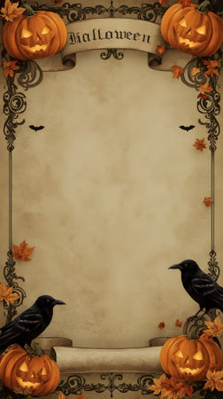 Ancient scrolls decorated with glowing pumpkins, ravens, and leaves in gothic halloween fantasy illustrationの素材