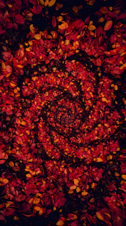abstract background with red and orange autumn leaves on a black backgroundの素材