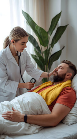 doctor checking heartbeat of sick man lying on bed with stethoscopeの素材