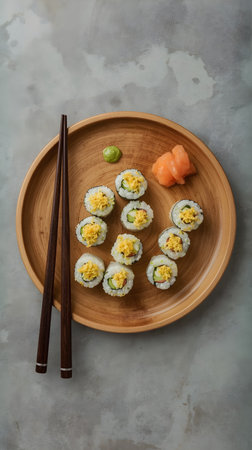 Sushi set on a wooden plate with chopsticks, top viewの素材