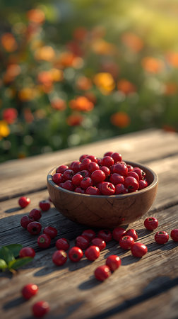 Cranberries in a wooden bowl on a wooden table in the gardenの素材
