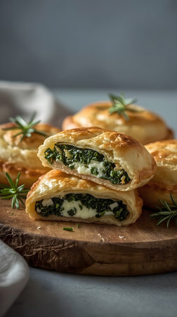 Puff pastry stuffed with spinach and ricotta, selective focus imageの素材