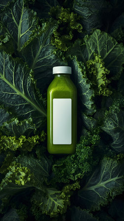 Bottle of green smoothie on kale leaves background, top viewの素材