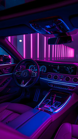 Interior of a modern car in neon light. 3D renderingの素材