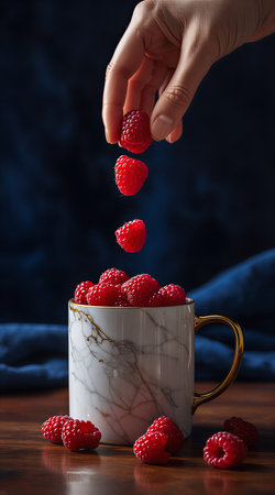 Hand of a woman holding a cup of fresh raspberries.の素材