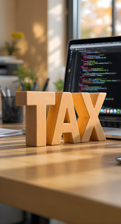 Wooden cubes with word TAX on table in office, closeupの素材