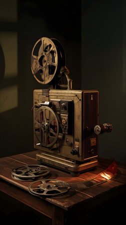 Vintage movie projector on a wooden table in a dark room.の素材