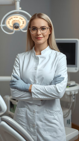 Portrait of a young female dentist standing in a dental office.の素材