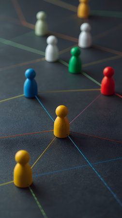 Social network concept with colorful wooden people figures on black background. Social media and networking.の素材