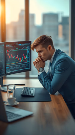 Thoughtful trader looking at computer monitor with stock market data.の素材