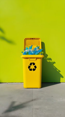 Yellow recycle bin with plastic bottles on green wall background, recycling conceptの素材