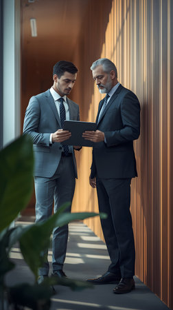 Working together. Two mature businessmen working together while standing in the officeの素材