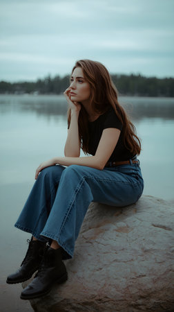 Portrait of a beautiful young woman sitting on a rock by the lakeの素材