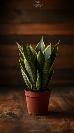 Sansevieria plant in a pot on a wooden background.の素材