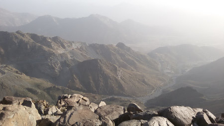 Mountain landscape with rocks and fog in the morning, Leh, Ladakh, Indiaの写真素材