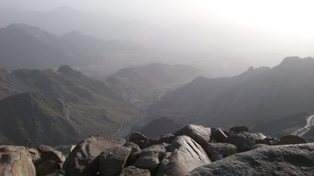 Mountain landscape with rocks and fog, Himalayas, Nepalの写真素材