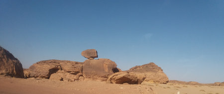 panoramic view of the pyramids of Wadi Rum in Jordanの写真素材