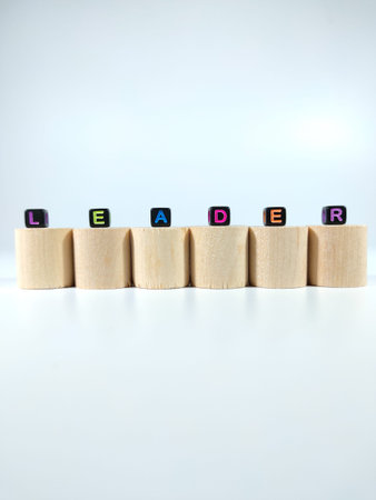Selective focus.Word LEADER from black dice on block cylinder with white background.Shot were noise...