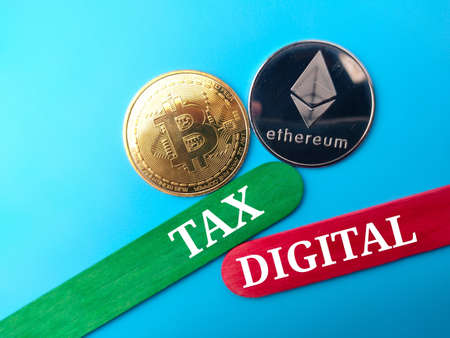 Top view golden bitcoin, silver ethereum and magnifying glass with text DIGITAL MANAGEMENT on red background.の写真素材