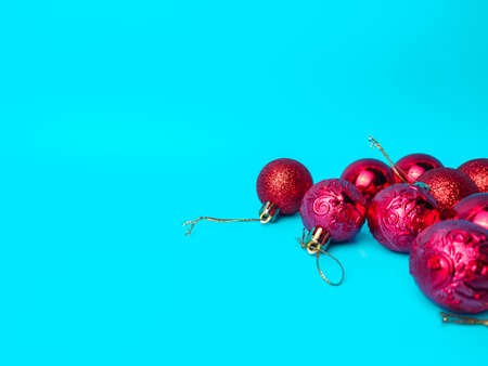 Christmas red ball and gold box on a blue background. Holidays christmas background. Copy space for text or design.の写真素材