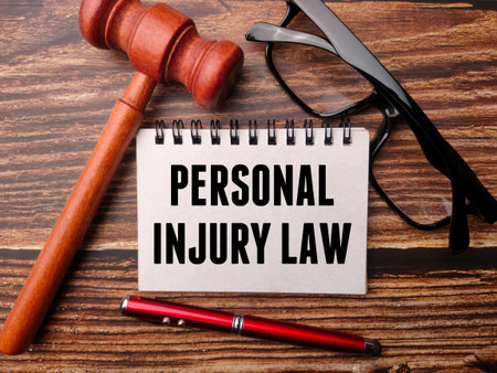 Gavel,pen,glasses and notebook written with text PERSONAL INJURY LAW on a wooden background.