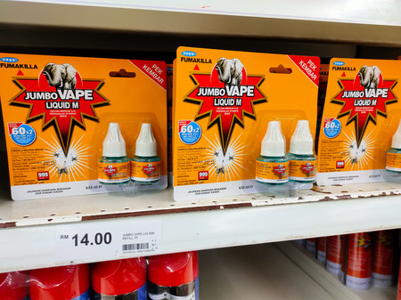 Perak, Malaysia, 24 January 2021: Selective focus of a mosquito repellent liquid sold in...