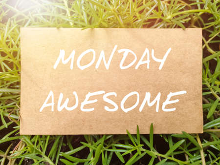 Selective focus.Word MONDAY AWESOME on brown paper with soft flare and nature background.の写真素材