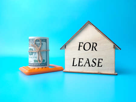 Magnifying glass,calculator and banknotes with text LEARN TO EARN AN INCOME on blue background.の写真素材