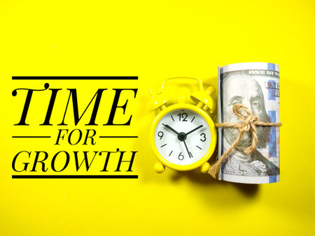 Text TIME FOR GROWTH with clock and banknote on yellow background.