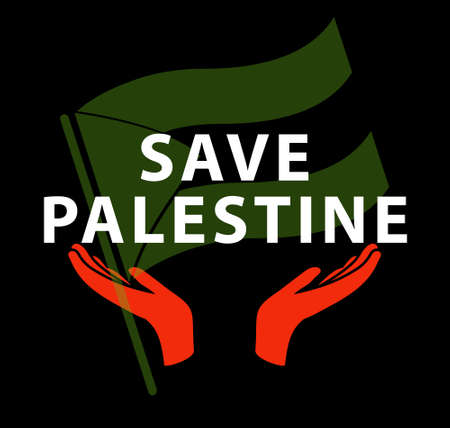 Illustration text SAVE PALESTINE with blur flag on black background.の写真素材