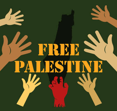 Illustration text FREE PALESTINE with hand icon on green background.の写真素材