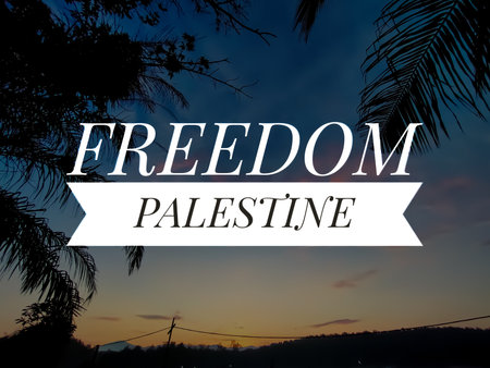 Text FREEDOM PALESTINE with beautiful sunrise morning view background.