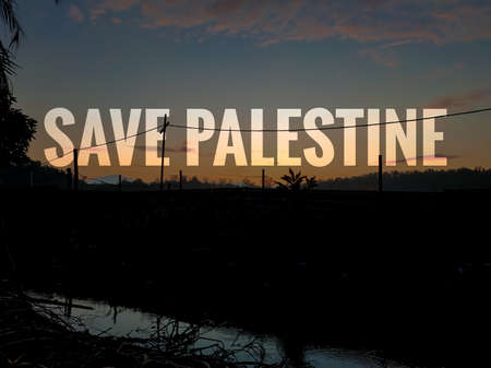 Text SAVE PALESTINE with beautiful sunset evening view with reflection on water background.の写真素材