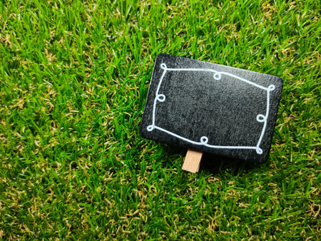 Wooden board on grass background. Wooden board with fresh green grass and copy space.